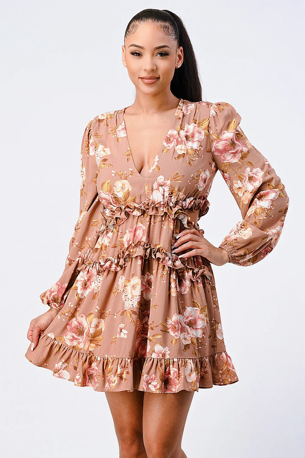 FLORAL CHIFFON V-NECK MINI DRESS Bella Moda Latina