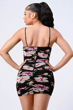 FLORAL MESH RUCHED BODYCON MINI DRESS Bella Moda Latina