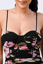 FLORAL MESH RUCHED BODYCON MINI DRESS Bella Moda Latina