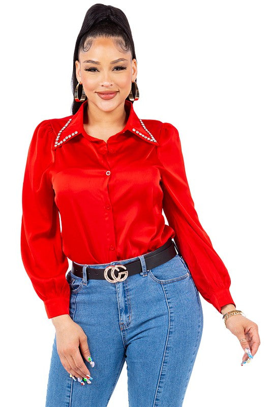 Diamond Collared Button Down Shirt Bella Moda Latina