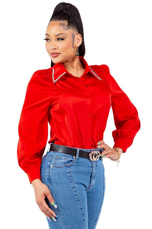 Diamond Collared Button Down Shirt Bella Moda Latina