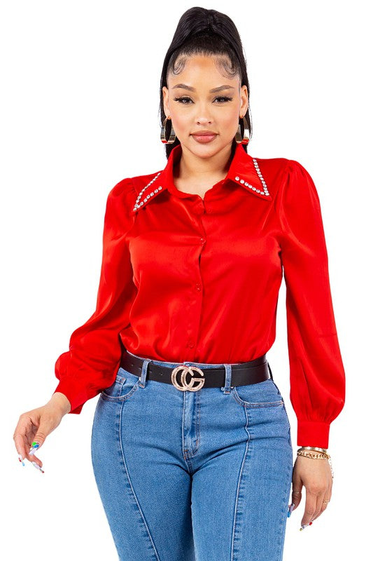 Diamond Collared Button Down Shirt Bella Moda Latina