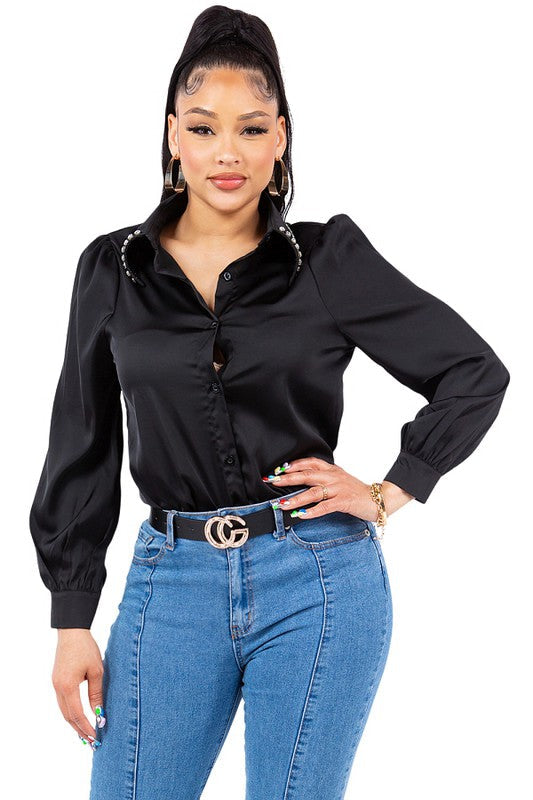 Diamond Collared Button Down Shirt Bella Moda Latina