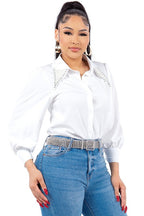 Pearl Collared Button Down Shirt Bella Moda Latina
