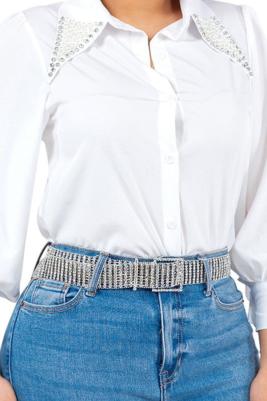 Pearl Collared Button Down Shirt Bella Moda Latina