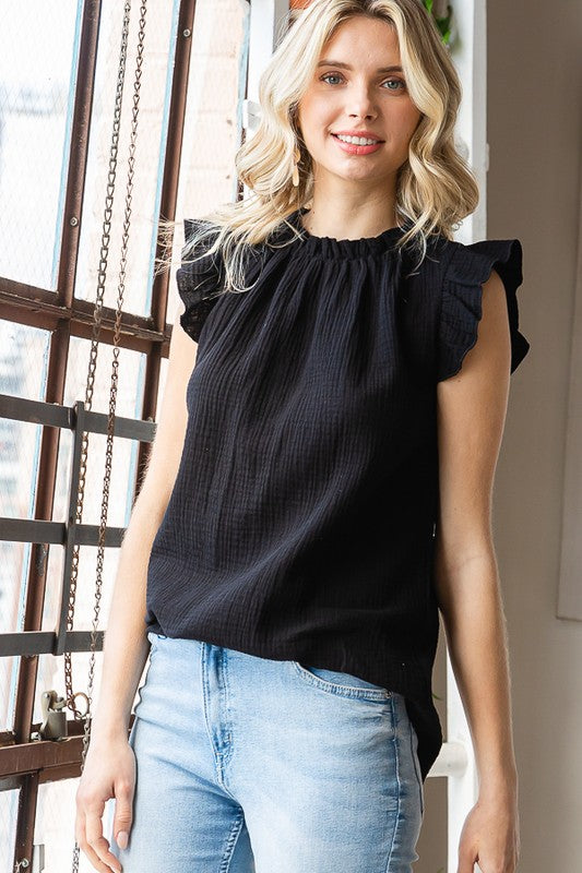 SOLID RUFFLE MOCK NECK BLOUSE Bella Moda Latina