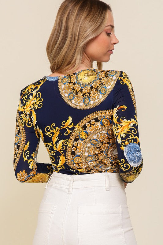 Venezia Padded-Shoulder Long-Sleeve Bodysuit – Green & Navy