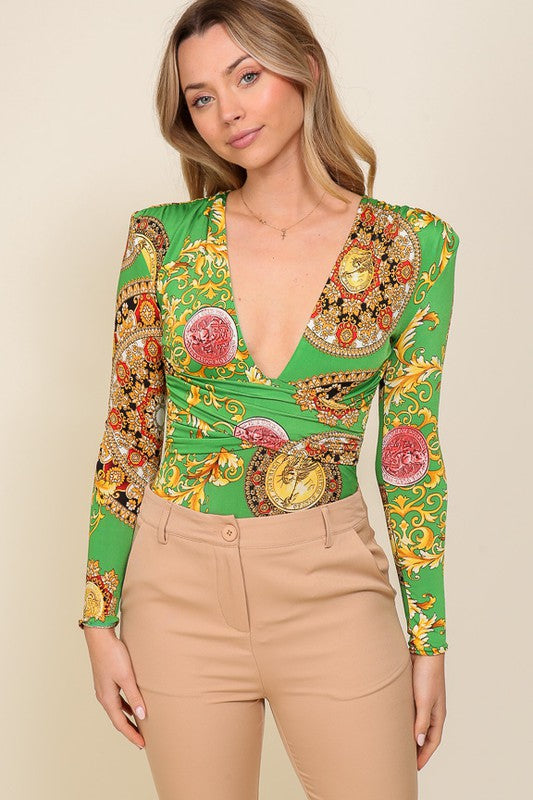 Venezia Padded-Shoulder Long-Sleeve Bodysuit – Green & Navy