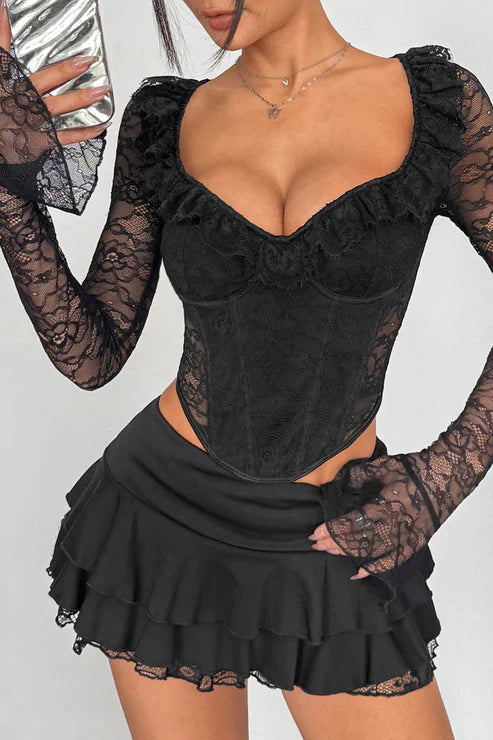 Romantic Ruffled Lace Long Sleeve Corset Top Bella Moda Latina