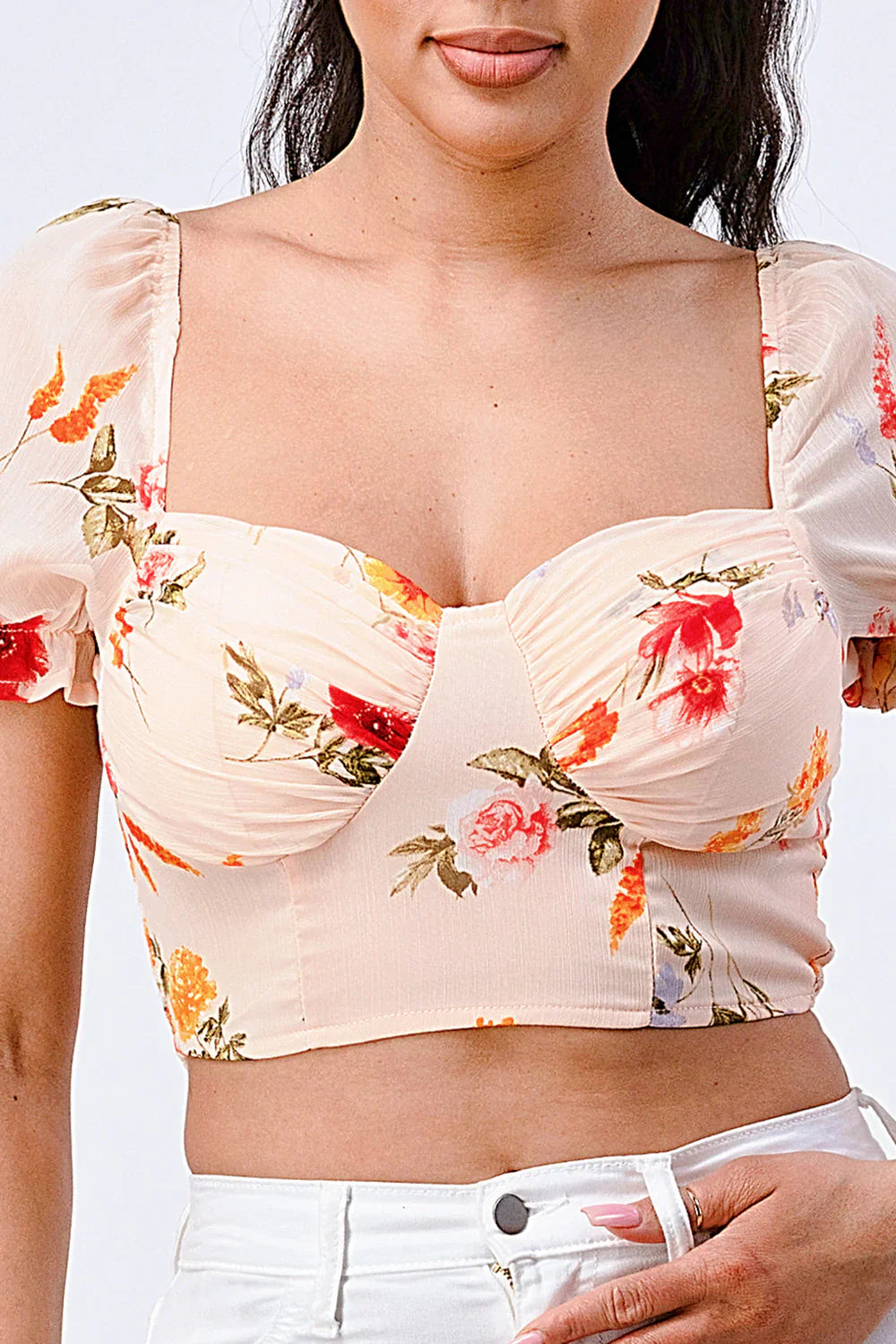 FLORAL CHIFFON SMOCKED SWEETHEART TOP Bella Moda Latina