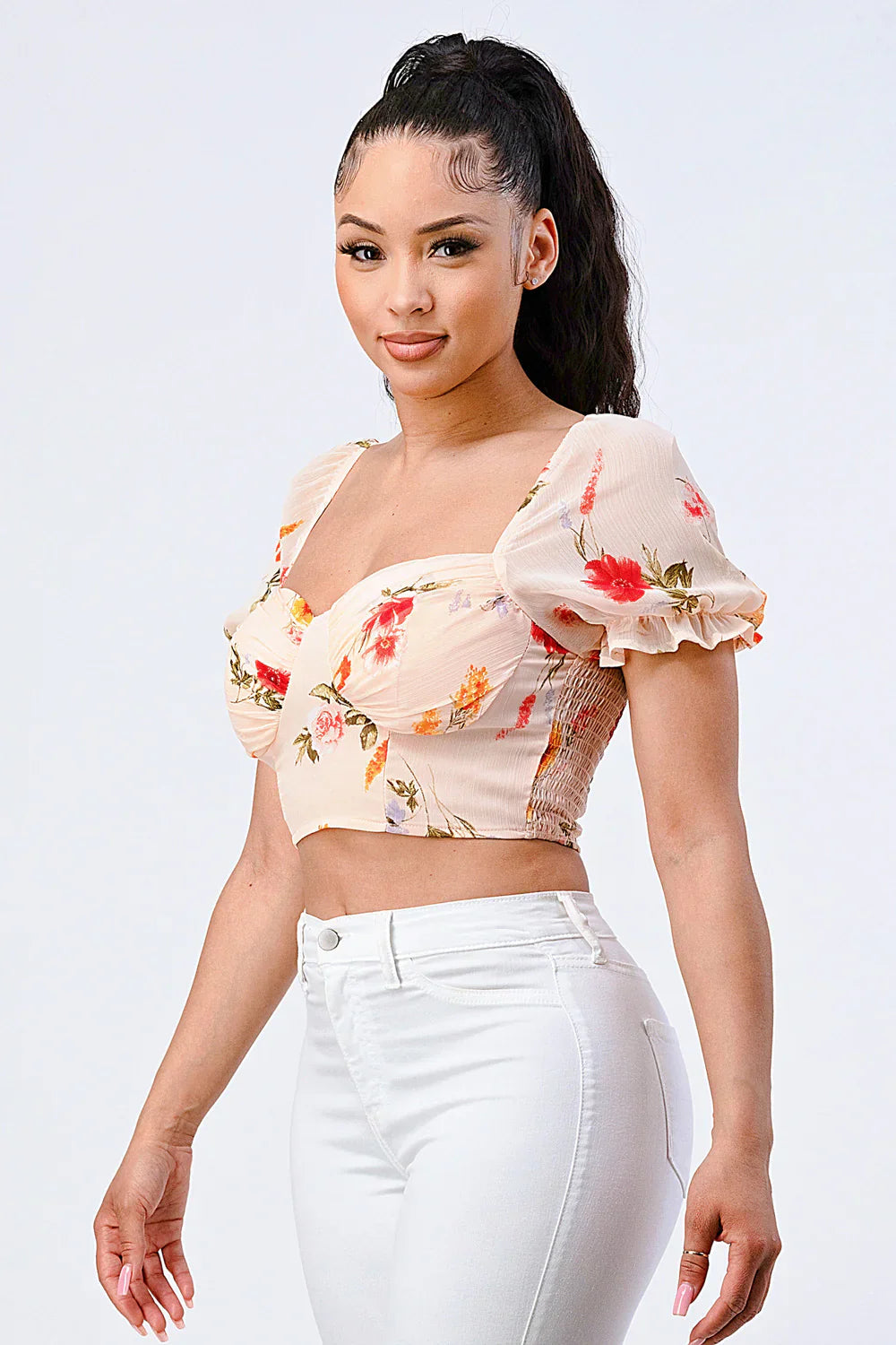 FLORAL CHIFFON SMOCKED SWEETHEART TOP Bella Moda Latina