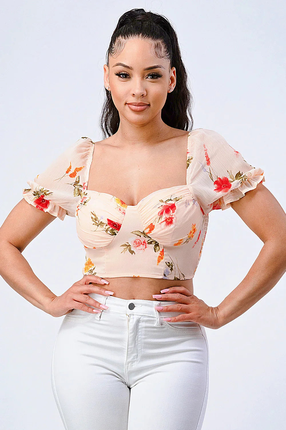 FLORAL CHIFFON SMOCKED SWEETHEART TOP Bella Moda Latina