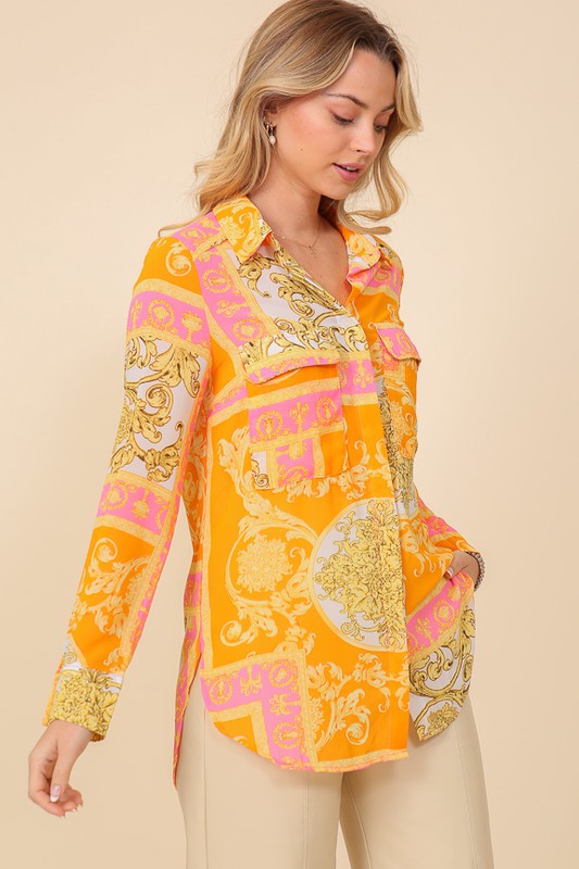 Italian Print Button Down Top Bella Moda Latina