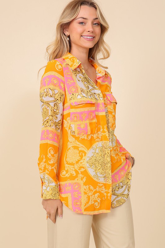 Italian Print Button Down Top Bella Moda Latina