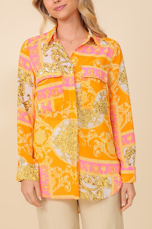 Italian Print Button Down Top Bella Moda Latina