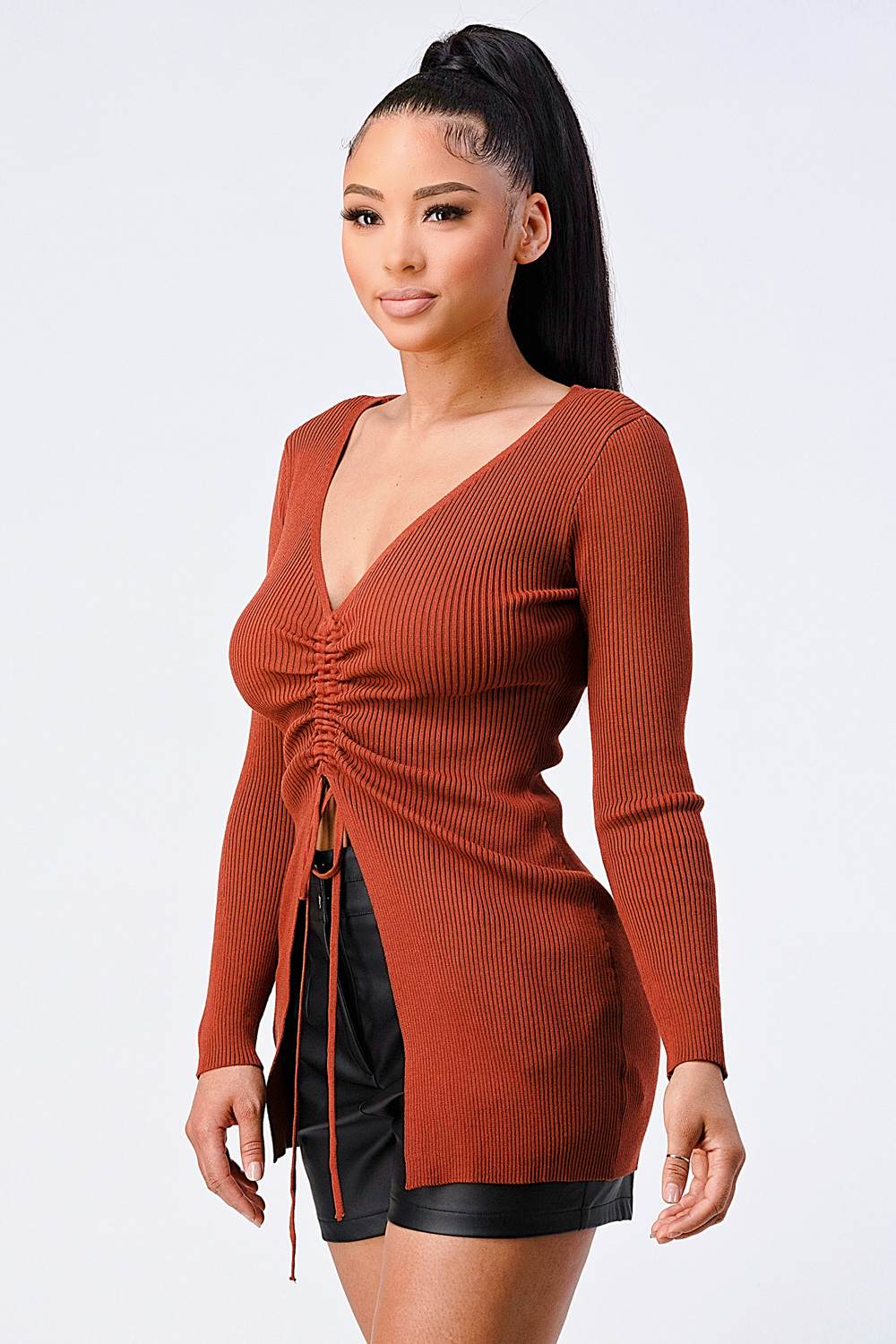 SWEATER KNIT RUCHED LONG SLEEVES TOP Bella Moda Latina