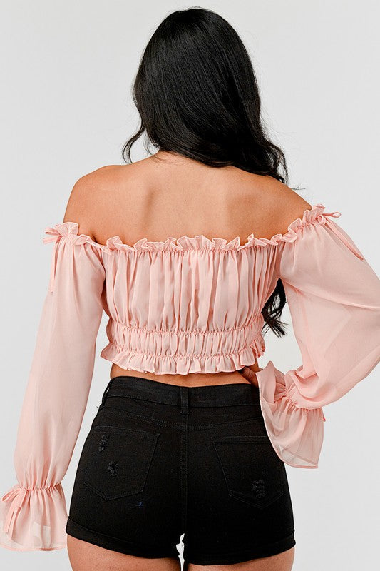 Off Shoulder Ruffle Trim Knot Sleeve Crop Top Bella Moda Latina