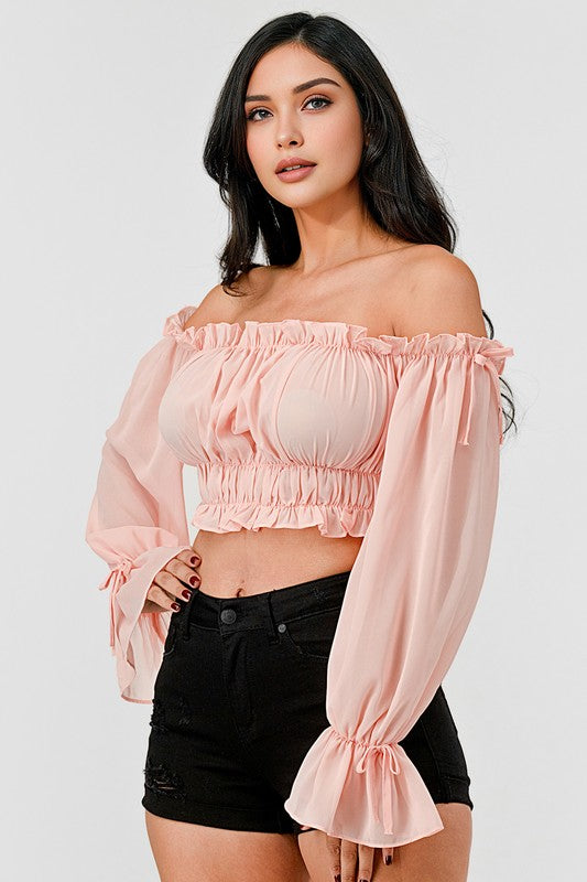 Off Shoulder Ruffle Trim Knot Sleeve Crop Top Bella Moda Latina