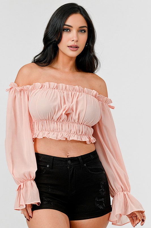 Off Shoulder Ruffle Trim Knot Sleeve Crop Top Bella Moda Latina