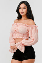 Off Shoulder Ruffle Trim Knot Sleeve Crop Top Bella Moda Latina