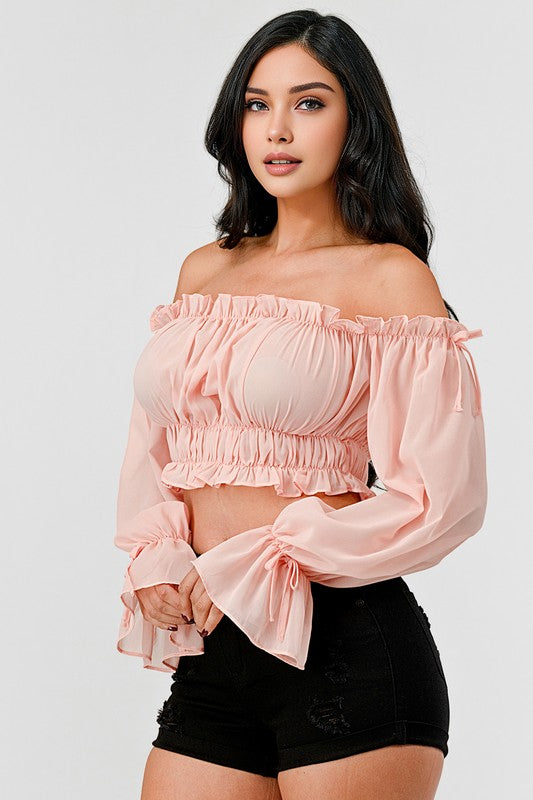 Off Shoulder Ruffle Trim Knot Sleeve Crop Top Bella Moda Latina