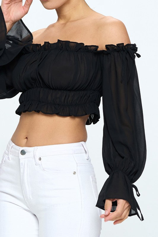 Off Shoulder Ruffle Trim Knot Sleeve Crop Top Bella Moda Latina