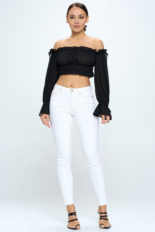 Off Shoulder Ruffle Trim Knot Sleeve Crop Top Bella Moda Latina