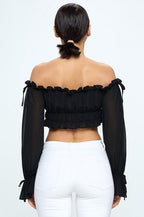 Off Shoulder Ruffle Trim Knot Sleeve Crop Top Bella Moda Latina