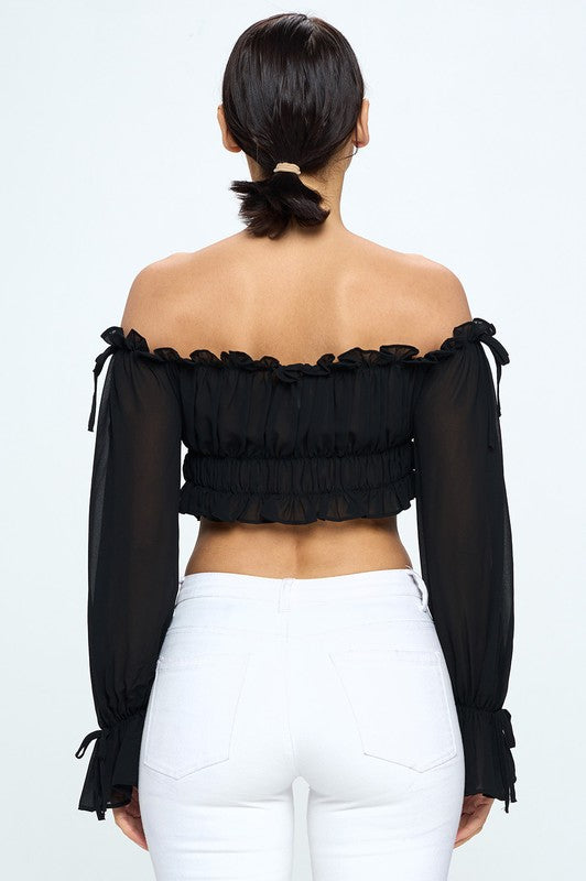 Off Shoulder Ruffle Trim Knot Sleeve Crop Top Bella Moda Latina