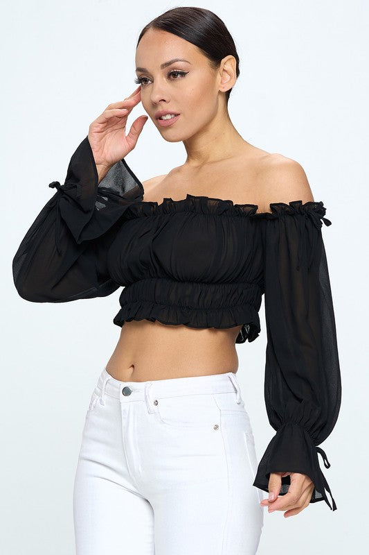 Off Shoulder Ruffle Trim Knot Sleeve Crop Top Bella Moda Latina