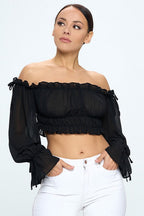 Off Shoulder Ruffle Trim Knot Sleeve Crop Top Bella Moda Latina
