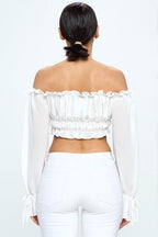 Off Shoulder Ruffle Trim Knot Sleeve Crop Top Bella Moda Latina