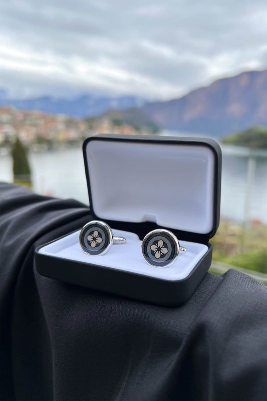 Chalk White Floral Print Handmade Italian Cufflinks with Clear Resin