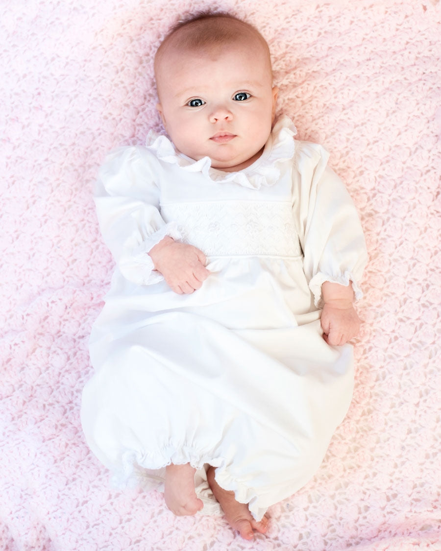 Smocked Baby Gown for Girl in White Knit Smockingbird