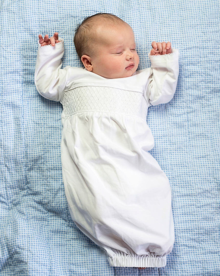 Smocked Baby Gown in White Knit Smockingbird
