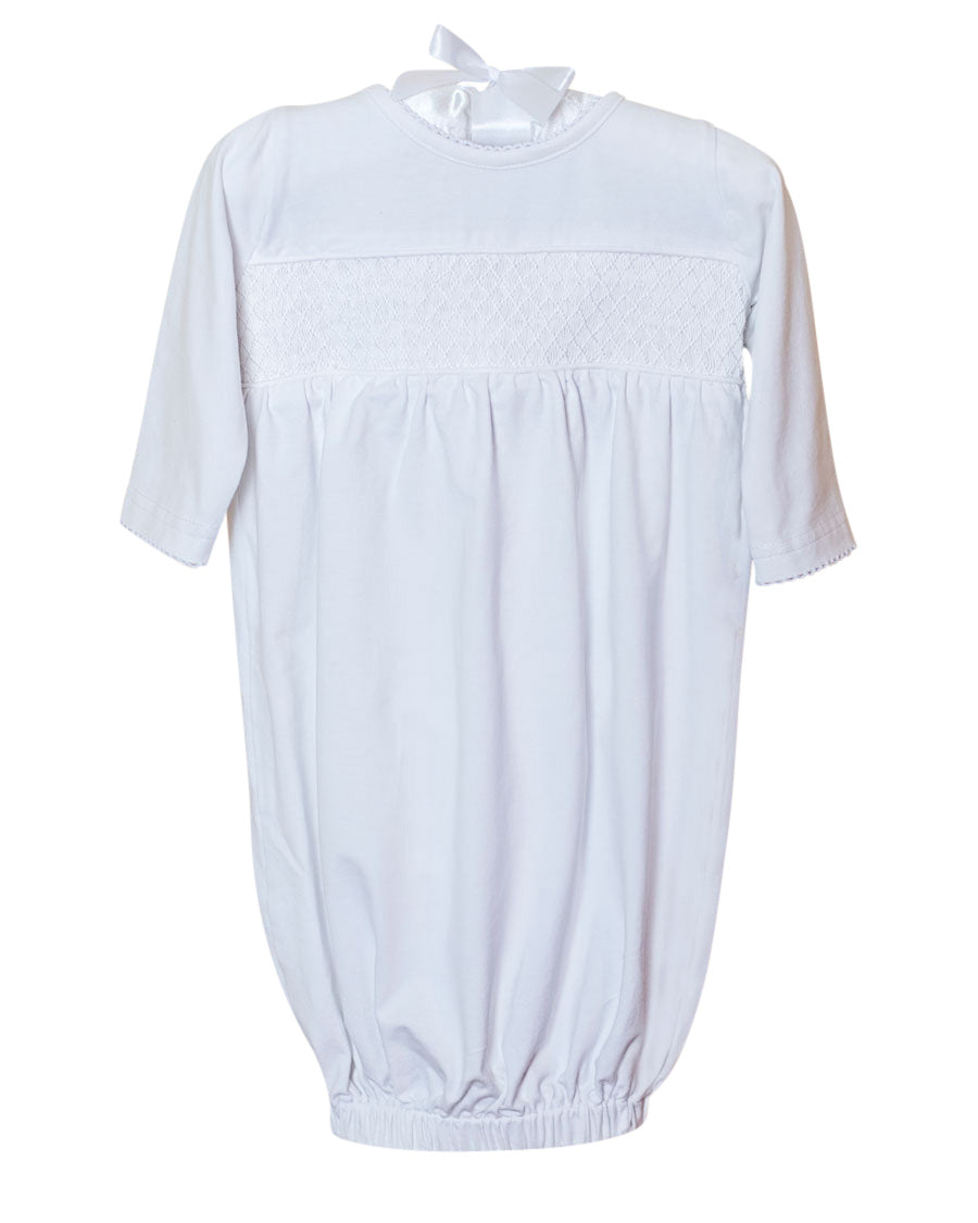 Smocked Baby Gown in White Knit Smockingbird