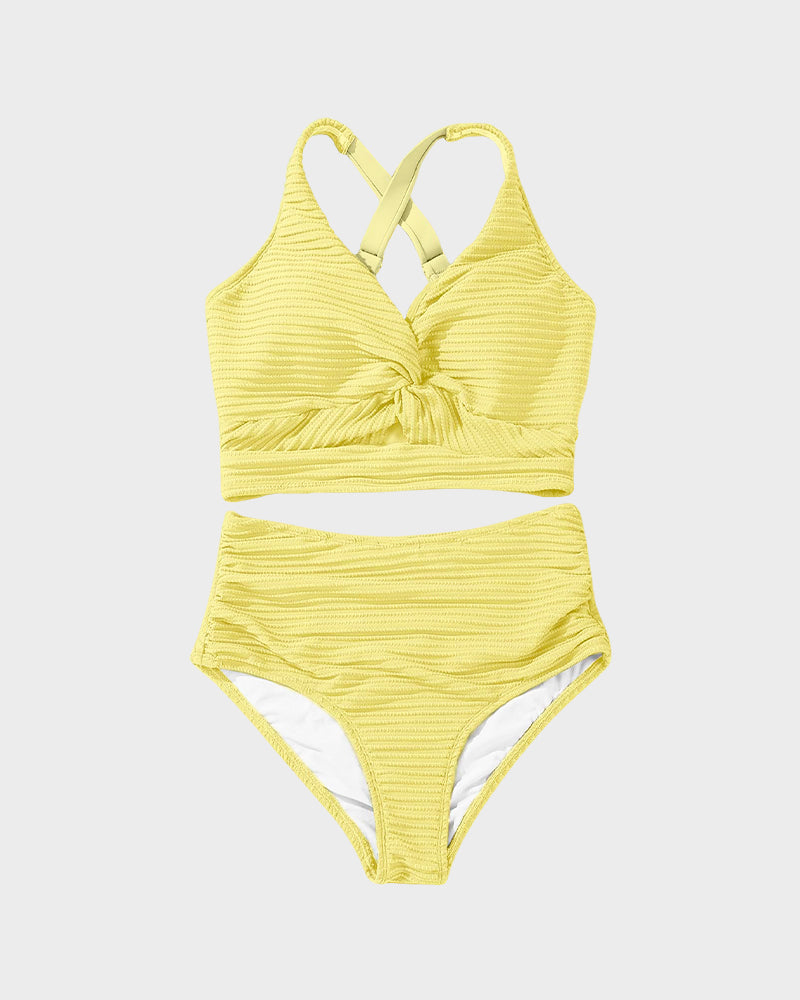 Textured Knot-Front High-Waisted Bikini Set SheCurve