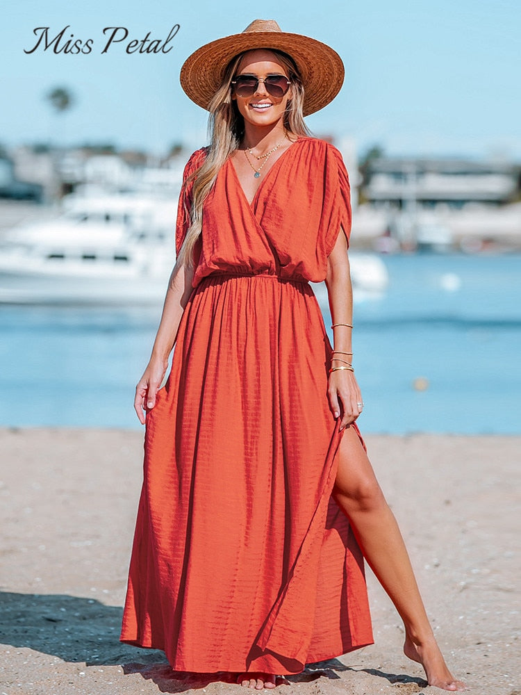 Orange Surplice Ruched Maxi Dress For Women Sexy Elasticized Waist Short Sleeve Long A-line Beach Dress 2023 Summer Sundress
