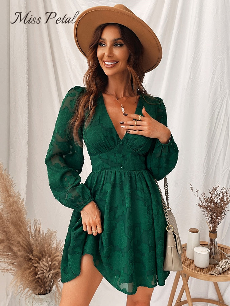 MISS PETAL Plunge A-Line Mini Dress Woman Green Sexy Long Sleeve Party Dress 2023 Spring Autumn Female Sundress