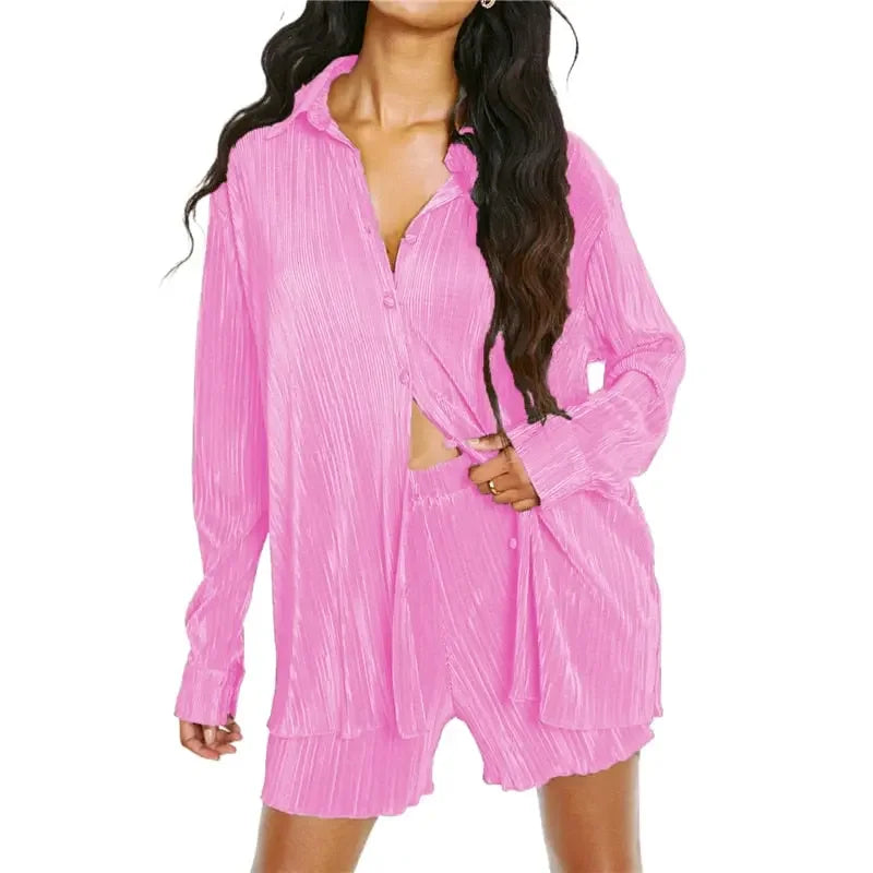 Pleated Shorts Set 2 Piece Outfits for Women 2000s Aesthetic Ruched Long Sleeve Button Down Shirt Tops and Shorts y2k Clothing