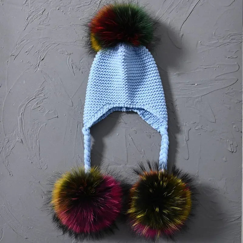 Knitted Baby Hat with Three Real Fur Pompom Children Beanie Boy Girl Natural Raccoon Fur Ball Kids Cap Cute Real Fur Pom Pom Hat