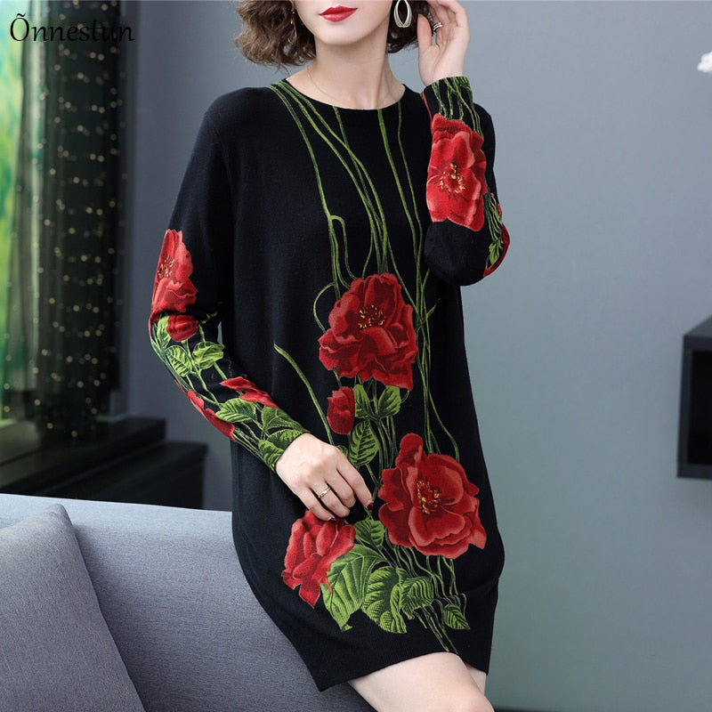 Long Sweater Dress Autumn Fashion 2022 Long Sleeve Pullovers Print Floral Knitwear Jumper Sweater Women