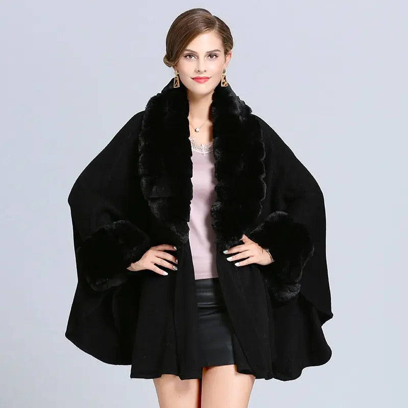Fashion Cloak Knitted Out Streetwear Coat Women Capa Grande Big Faux Fox Fur Trim Collar Loose Long Batwing Sleeves Poncho Cape