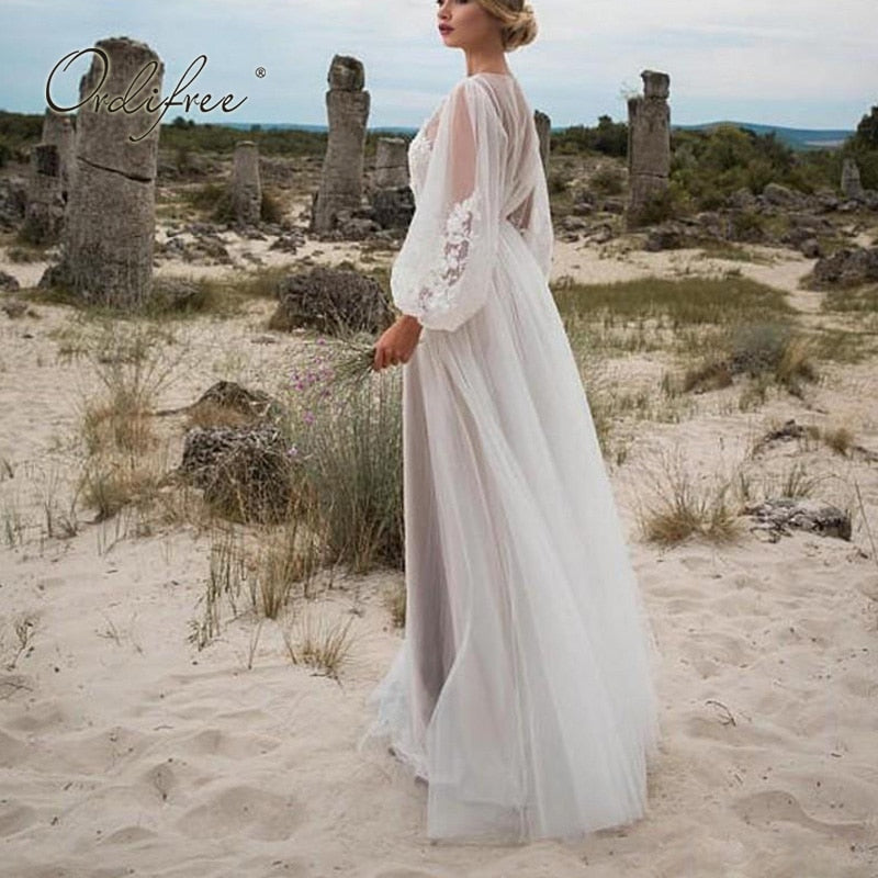 Long Sleeve Lace Beach Bridal Gown