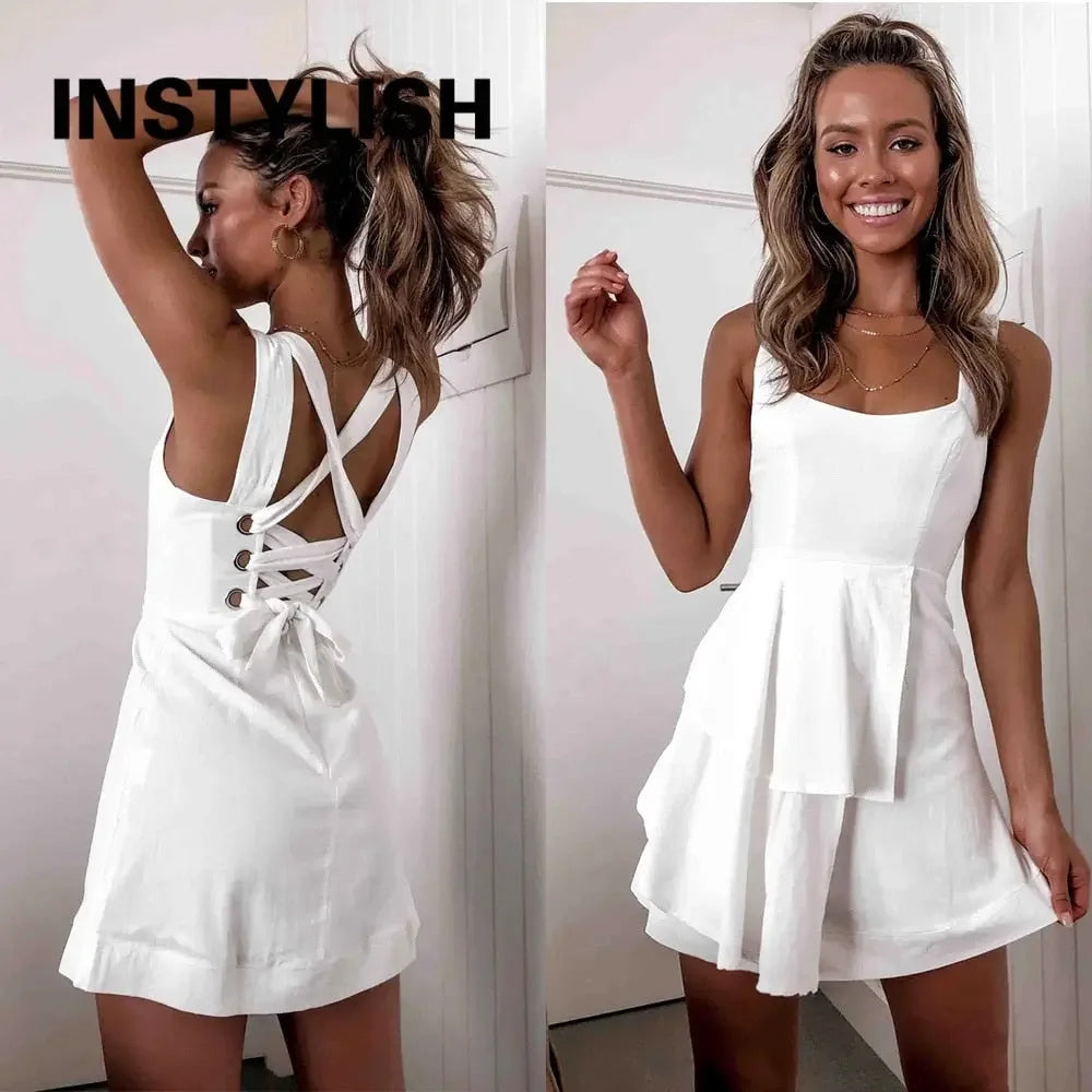 Women Elegant Solid Backless Lace Up Patchwork Mini Dress Sexy Sleeveless Tank Dress Casual White Black Beach Party A Line Dress