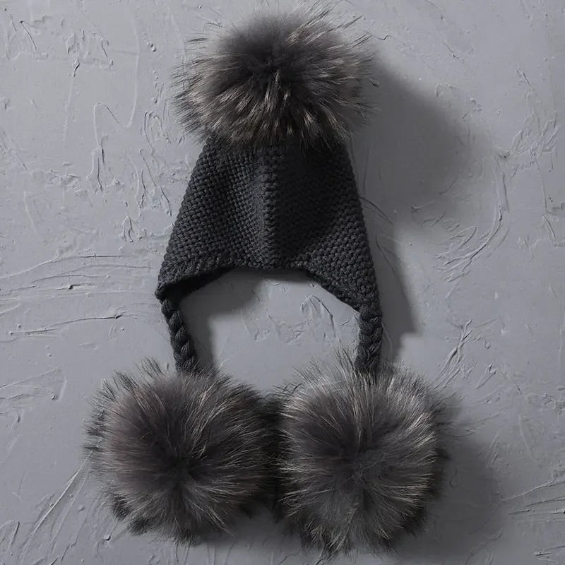 Knitted Baby Hat with Three Real Fur Pompom Children Beanie Boy Girl Natural Raccoon Fur Ball Kids Cap Cute Real Fur Pom Pom Hat