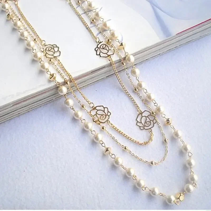 Long Simulated Pearl Necklace For Women Camellia Double Layer Pendant Sweater Chain Party Necklace