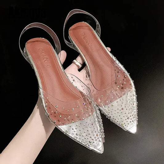 New PVC Transparent Women Pumps Sandals Crystal Mid Heels Pumps Rhinestone Pointed Toe Women Bridesmaid Wedding Shoes s162