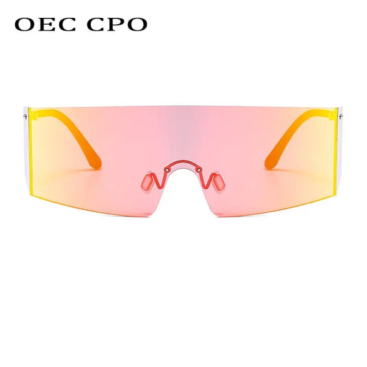 OEC CPO Fashion Rimless Sunglasses Women Men Big Flat Top Glasses Oversized Sunglasses Female Mirror Goggle UV400 O596