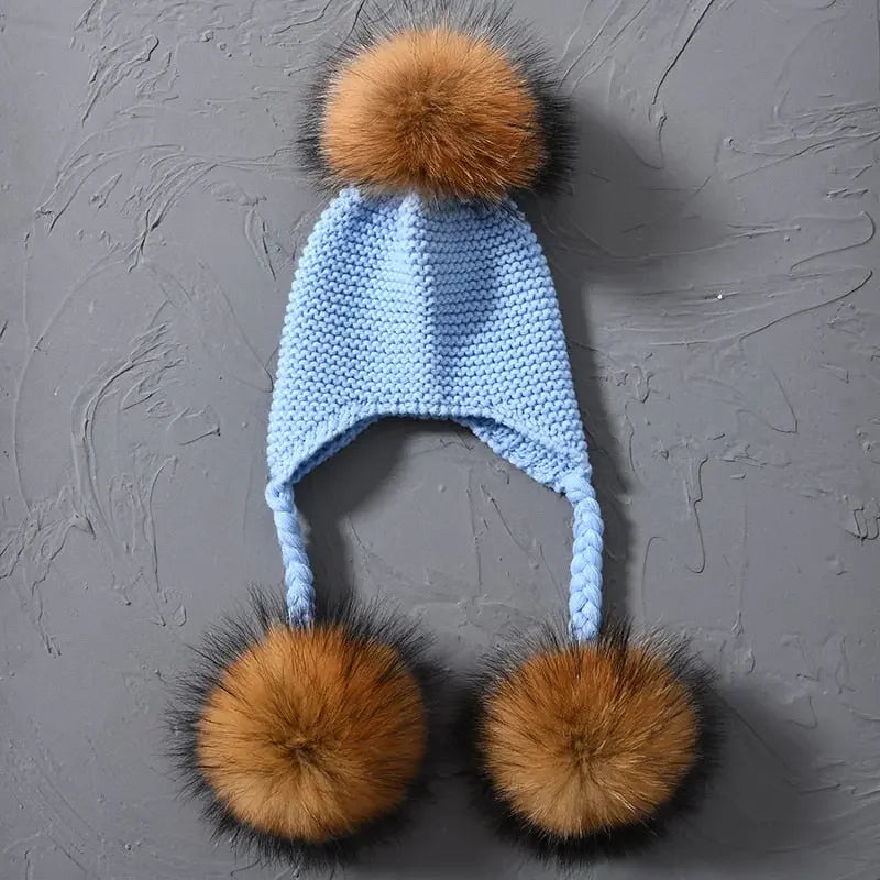 Knitted Baby Hat with Three Real Fur Pompom Children Beanie Boy Girl Natural Raccoon Fur Ball Kids Cap Cute Real Fur Pom Pom Hat
